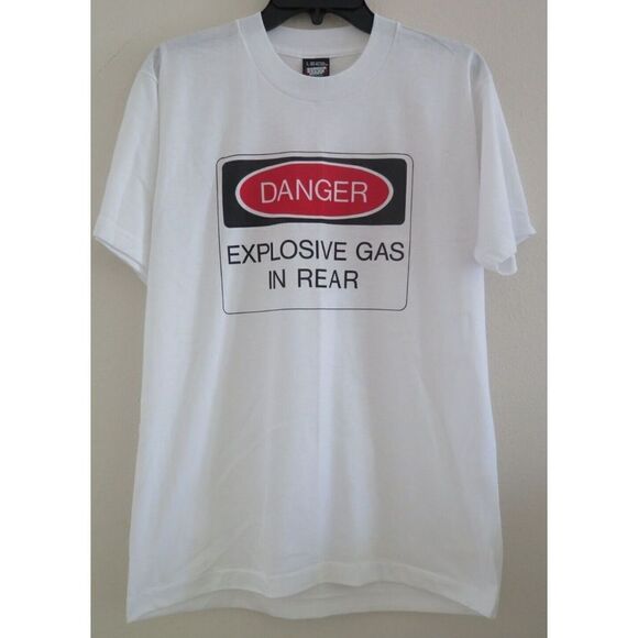 Screen Stars Best Men's Sz L White "Danger, Explosive Gas In Rear" T-Shirt - Picture 1 of 3